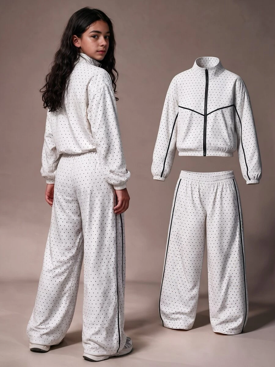 SHEIN 青少年女孩白色波點夾克兩件套,開襟立領寬鬆落肩上衣搭配休閒運動長褲,時尚大廓形運動休閒風,適合校園、秋季穿著、萬聖節與聖誕節 - 白色 - 查看 1