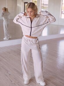 SHEIN Women/Teenager Black Knit Patchwork White Trim Zip-Up Stand Collar Jacket Loose Fit Pants Letter Decor Autumn Streetwear Casual Sixth Form Party - 白色 - 查看 5
