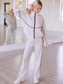 SHEIN Women/Teenager Black Knit Patchwork White Trim Zip-Up Stand Collar Jacket Loose Fit Pants Letter Decor Autumn Streetwear Casual Sixth Form Party - 白色 - 查看 4