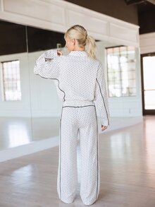 SHEIN Women/Teenager Black Knit Patchwork White Trim Zip-Up Stand Collar Jacket Loose Fit Pants Letter Decor Autumn Streetwear Casual Sixth Form Party - 白色 - 查看 2
