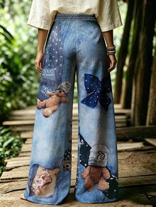 Breezaya Women's Plus Size Fashion Printed Denim Effect Texture And Doll Pattern Wide Leg Pants, Suitable For Daily Wear And Outings Fall - Multicolor - View 2
