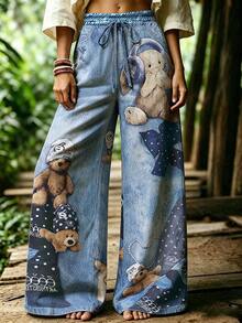 Breezaya Women's Plus Size Fashion Printed Denim Effect Texture And Doll Pattern Wide Leg Pants, Suitable For Daily Wear And Outings Fall - Multicolor - View 4