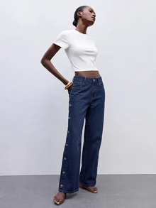 Maija Women's Straight Leg Casual Denim Jeans, Side Pocket And Button Detail Versatile Jeans, Designer Jeans, Autumn Going Out Wear, Party Jeans For Women. - Blue - View 6