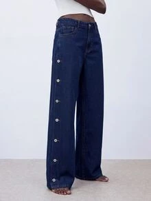 Maija Women's Straight Leg Casual Denim Jeans, Side Pocket And Button Detail Versatile Jeans, Designer Jeans, Autumn Going Out Wear, Party Jeans For Women. - Blue - View 12