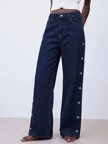 Maija Women's Straight Leg Casual Denim Jeans, Side Pocket And Button Detail Versatile Jeans, Designer Jeans, Autumn Going Out Wear, Party Jeans For Women. - Blue - View 11