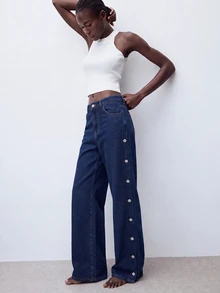 Maija Women's Straight Leg Casual Denim Jeans, Side Pocket And Button Detail Versatile Jeans, Designer Jeans, Autumn Going Out Wear, Party Jeans For Women. - Blue - View 5