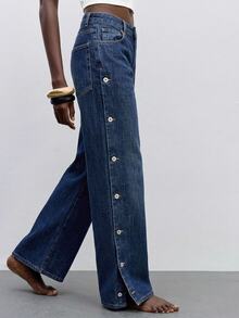 Maija Women's Straight Leg Casual Denim Jeans, Side Pocket And Button Detail Versatile Jeans, Designer Jeans, Autumn Going Out Wear, Party Jeans For Women. - Blue - View 1