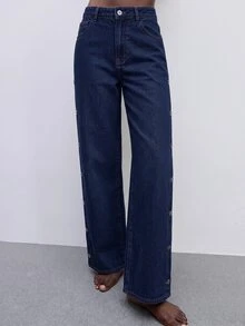 Maija Women's Straight Leg Casual Denim Jeans, Side Pocket And Button Detail Versatile Jeans, Designer Jeans, Autumn Going Out Wear, Party Jeans For Women. - Blue - View 10