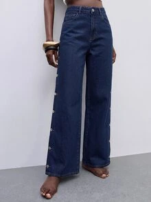 Maija Women's Straight Leg Casual Denim Jeans, Side Pocket And Button Detail Versatile Jeans, Designer Jeans, Autumn Going Out Wear, Party Jeans For Women. - Blue - View 7