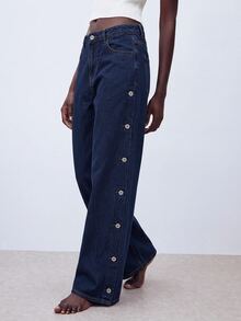 Maija Women's Straight Leg Casual Denim Jeans, Side Pocket And Button Detail Versatile Jeans, Designer Jeans, Autumn Going Out Wear, Party Jeans For Women. - Blue - View 9