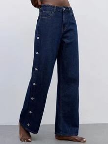 Maija Women's Straight Leg Casual Denim Jeans, Side Pocket And Button Detail Versatile Jeans, Designer Jeans, Autumn Going Out Wear, Party Jeans For Women. - Blue - View 3