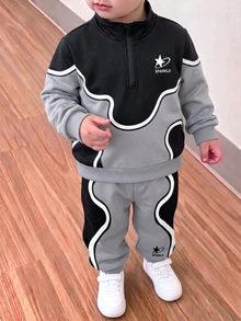 2件組小男孩運動衫套裝 白色拼接波浪星星長袖 1/4拉鍊版型寬鬆 返校季秋季復古百搭 生日伴郎花童裝 - 彩色 - 查看 3