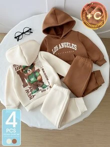 SHEIN 4件組幼兒男童連帽褲裝套裝 英倫風可愛棕色奶油熊字母印花長袖連帽加厚款 適合假期戶外冬季聖誕萬聖節運動 - 彩色 - 查看 6