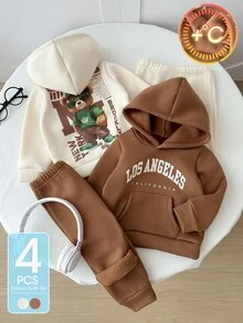 SHEIN 4件組幼兒男童連帽褲裝套裝 英倫風可愛棕色奶油熊字母印花長袖連帽加厚款 適合假期戶外冬季聖誕萬聖節運動 - 彩色 - 查看 5