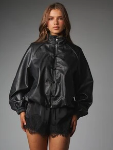 MISSGUIDED Faux Leather Oversized Bomber Jacket With Chinese Frog Closure Detail Stand Collar Elasticated Cuffs Fall Winter Outerwear - Black - View 1