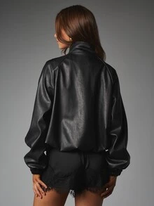 MISSGUIDED Faux Leather Oversized Bomber Jacket With Chinese Frog Closure Detail Stand Collar Elasticated Cuffs Fall Winter Outerwear - Black - View 2
