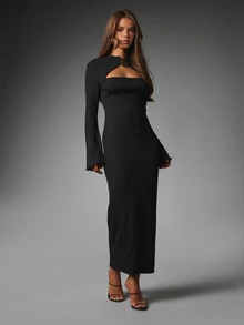 MISSGUIDED Textured Bodycon Midi Dress With Cut-Out Chest Detail High Neck Bell Sleeves Gold Hardware Elegant Evening Party Winter - Black - View 1