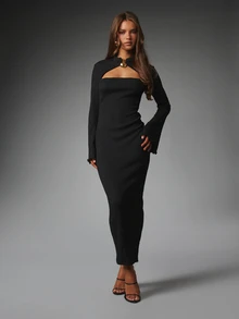 MISSGUIDED Textured Bodycon Midi Dress With Cut-Out Chest Detail High Neck Bell Sleeves Gold Hardware Elegant Evening Party Winter - Black - View 5