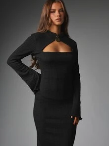 MISSGUIDED Textured Bodycon Midi Dress With Cut-Out Chest Detail High Neck Bell Sleeves Gold Hardware Elegant Evening Party Winter - Black - View 3