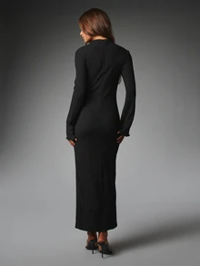 MISSGUIDED Textured Bodycon Midi Dress With Cut-Out Chest Detail High Neck Bell Sleeves Gold Hardware Elegant Evening Party Winter - Black - View 2