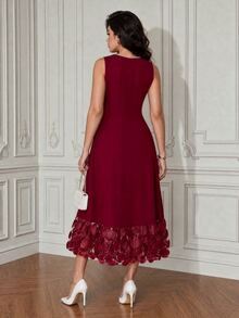 Formidée Plus Size Simple Elegant Fashion Versatile 3D Floral Patchwork Women's Dress - Burgundy - View 2