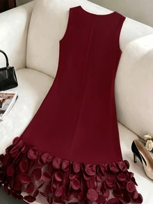 Formidée Plus Size Simple Elegant Fashion Versatile 3D Floral Patchwork Women's Dress - Burgundy - View 4