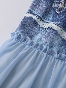 Franclia 女款大尺碼牛仔印花梭織拼接雪紡裙，寬鬆休閒性感印花裙，秋季約會之夜早午餐派對正式淺藍色 - 彩色 - 查看 4