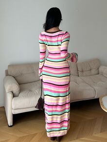 Sunnyshic Women's Striped Square Neck Long Sleeve Fitted Casual Knit Dress - Multicolor - View 2