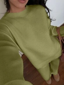 Flirla Women's Solid Color Round Neck Long Sleeve Sweater And Knitted Pants Casual Set - Green - View 3
