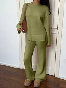 Flirla Women's Solid Color Round Neck Long Sleeve Sweater And Knitted Pants Casual Set - Green - View 6