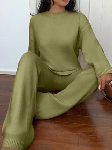 Flirla Women's Solid Color Round Neck Long Sleeve Sweater And Knitted Pants Casual Set - Green - View 8