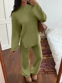 Flirla Women's Solid Color Round Neck Long Sleeve Sweater And Knitted Pants Casual Set - Green - View 4