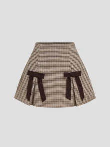 Sweetra Women's Elegant Young Lady Fashion Versatile Popular & Plaid Coffee Color Bow Skirt - Camel - View 1