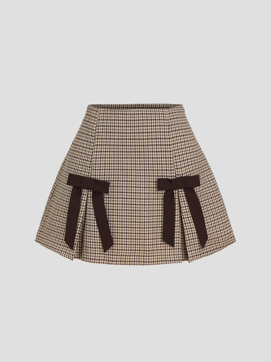 Sweetra Women's Elegant Young Lady Fashion Versatile Popular & Plaid Coffee Color Bow Skirt - Camel - View 1