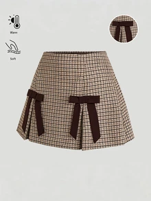 Sweetra Women's Elegant Young Lady Fashion Versatile Popular & Plaid Coffee Color Bow Skirt - Camel - View 3