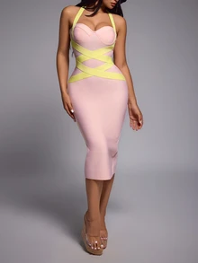 Nuvra Women's Sexy Pink & Yellow Colorblock Thick Strap Strapless Sleeveless Bodycon Backless Knit Dress - Pink - View 6