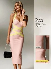 Nuvra Women's Sexy Pink & Yellow Colorblock Thick Strap Strapless Sleeveless Bodycon Backless Knit Dress - Pink - View 3