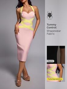 Nuvra Women's Sexy Pink & Yellow Colorblock Thick Strap Strapless Sleeveless Bodycon Backless Knit Dress - Pink - View 8