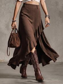 LUMIGAL Women's Solid Color Patchwork Ruffle Asymmetrical Hem Fashion Skirt - Coffee Brown - View 4