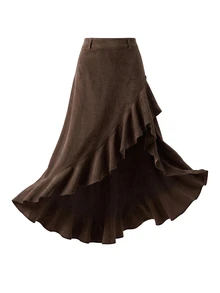 LUMIGAL Women's Solid Color Patchwork Ruffle Asymmetrical Hem Fashion Skirt - Coffee Brown - View 3