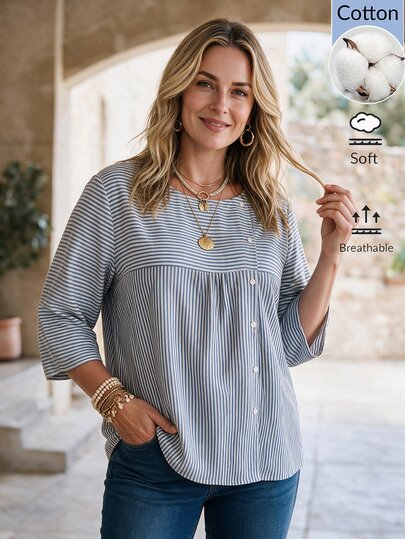 Zaforene Women's Plus Size Blue White Stripe Button-Down Mid-Sleeve Shirt, Casual Cargo Corset Elegant Fall Outfit Brunch Formal Vacation Office