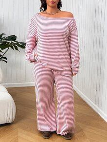 SHEIN EZwear 大尺碼女款條紋落肩長袖T恤與寬腿褲休閒兩件套 - 淺粉色 - 查看 4