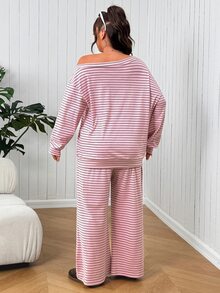 SHEIN EZwear 大尺碼女款條紋落肩長袖T恤與寬腿褲休閒兩件套 - 淺粉色 - 查看 2