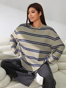 Solflare 休閒優雅傳統正式居家服圓領長袖橄欖綠條紋印花針織寬鬆版型百搭大尺碼T恤秋季 - 彩色 - 查看 7
