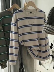 Solflare 休閒優雅傳統正式居家服圓領長袖橄欖綠條紋印花針織寬鬆版型百搭大尺碼T恤秋季 - 彩色 - 查看 3