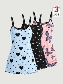 SHEIN MOD 3件套女士爱心蝴蝶结印花针织吊带睡衣套装 - 彩色 - 查看 2