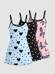 SHEIN MOD 3件套女士爱心蝴蝶结印花针织吊带睡衣套装 - 彩色 - 查看 7