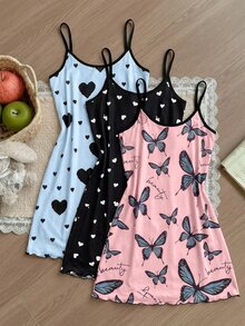 SHEIN MOD 3件套女士爱心蝴蝶结印花针织吊带睡衣套装 - 彩色 - 查看 6