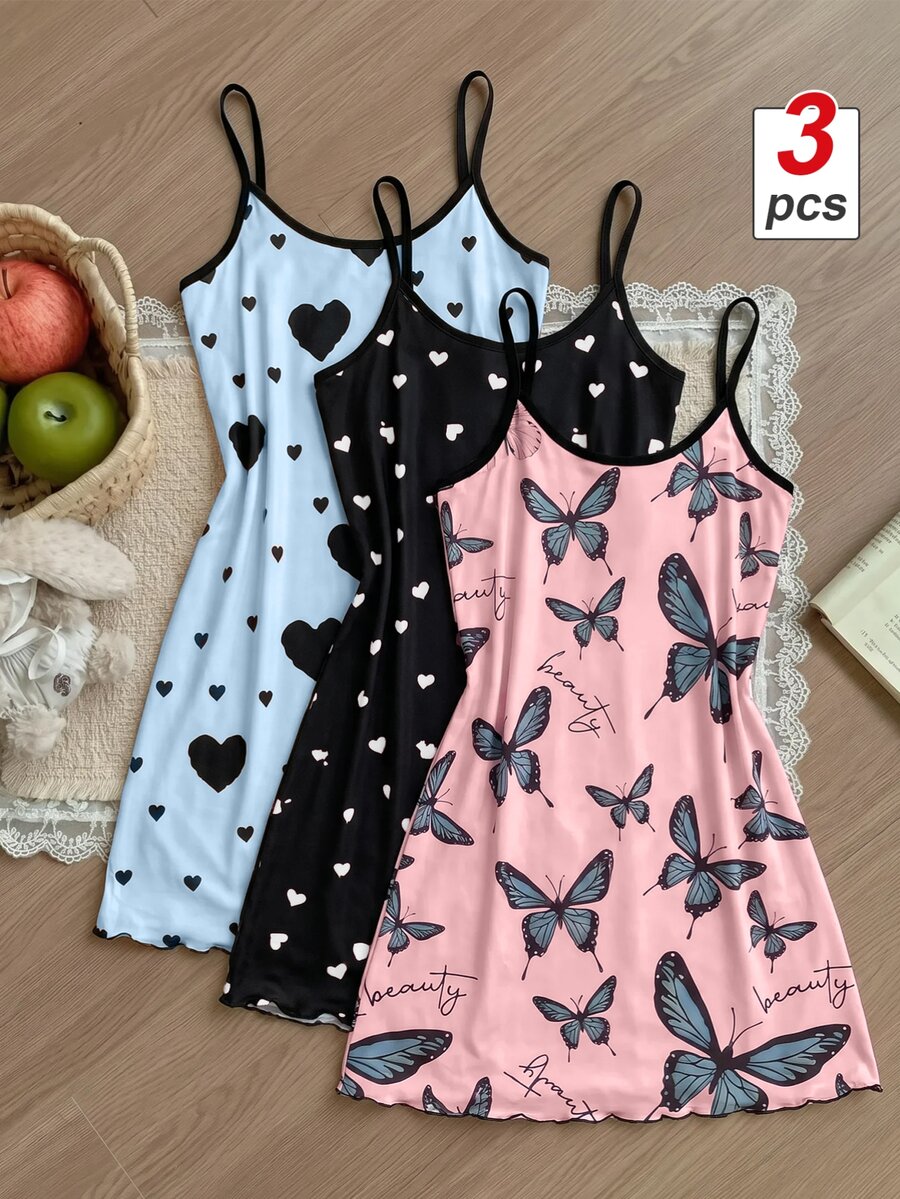 SHEIN MOD 3件套女士爱心蝴蝶结印花针织吊带睡衣套装 - 彩色 - 查看 1