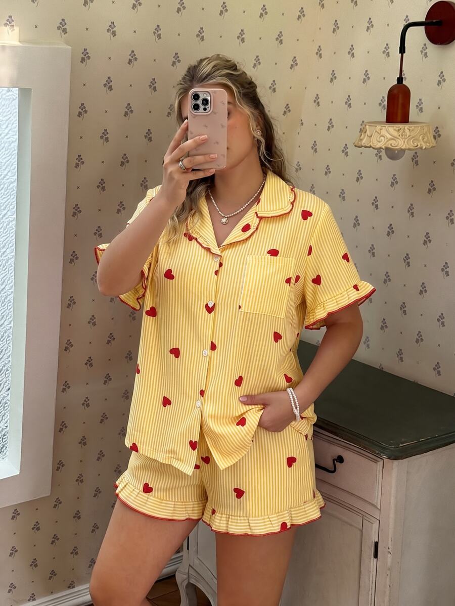 CottageSlumber Pink Heart Print Ruffle Collar Button-Up Short Sleeve Shorts Pajama Set Plus Size - Yellow - View 1